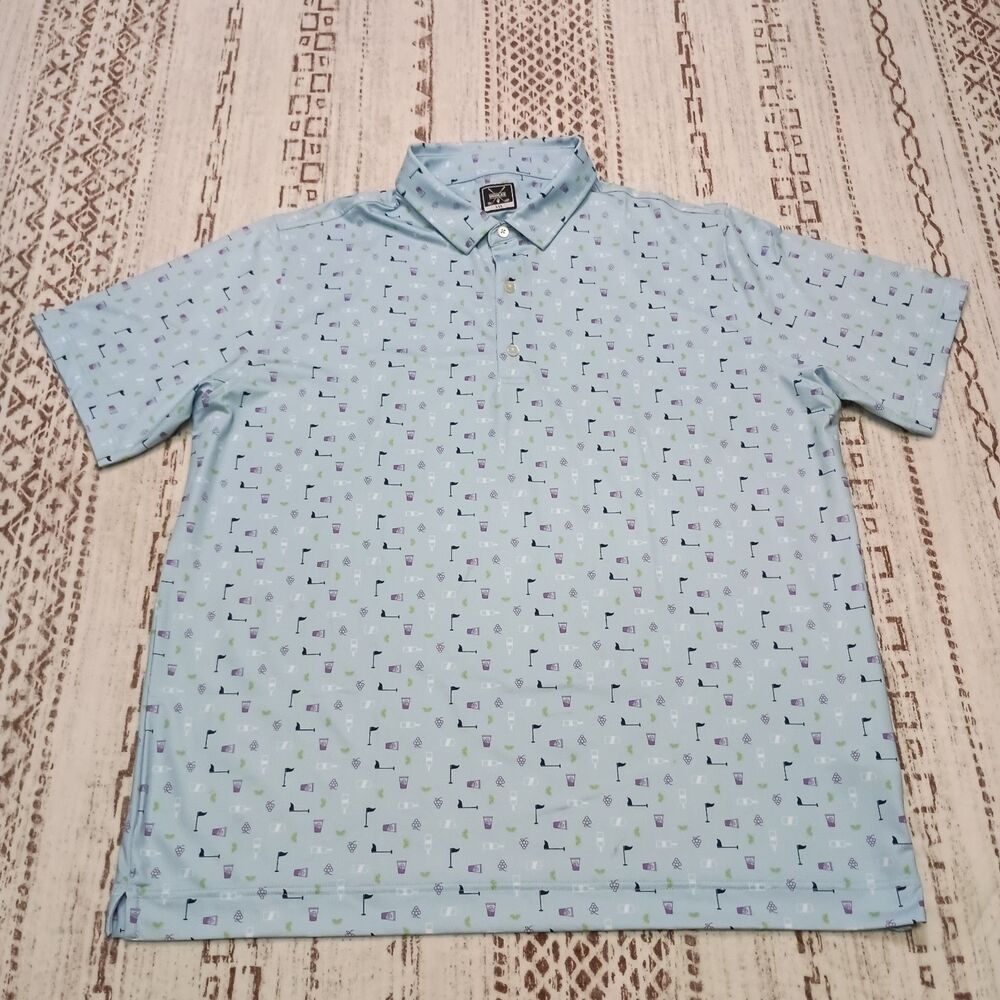 Deolax Men's Golf Polo Shirt Size XXL All-Over Print Blue Stretch Wine Bottles